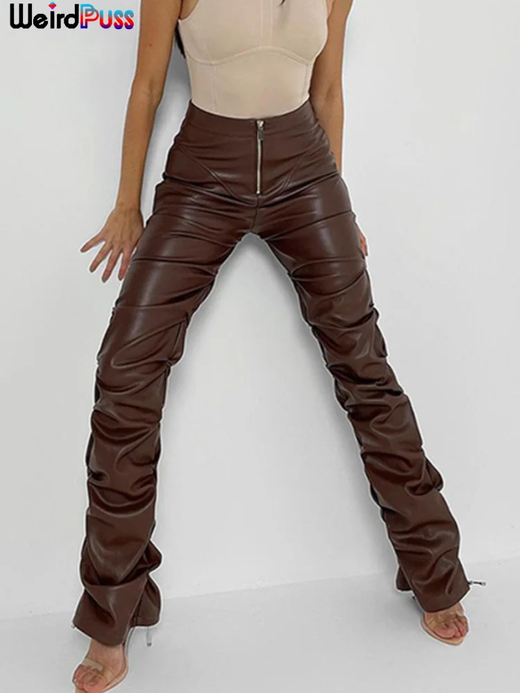 Weird Puss Stacked Leather Pants Women 