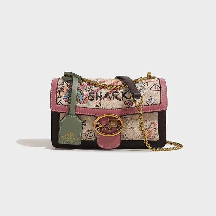 Luxury Brand Cartoon Graffiti Teddy Bear Chain Handbag with High Texture Versatile and Fashionable Single Shoulder Square Bag