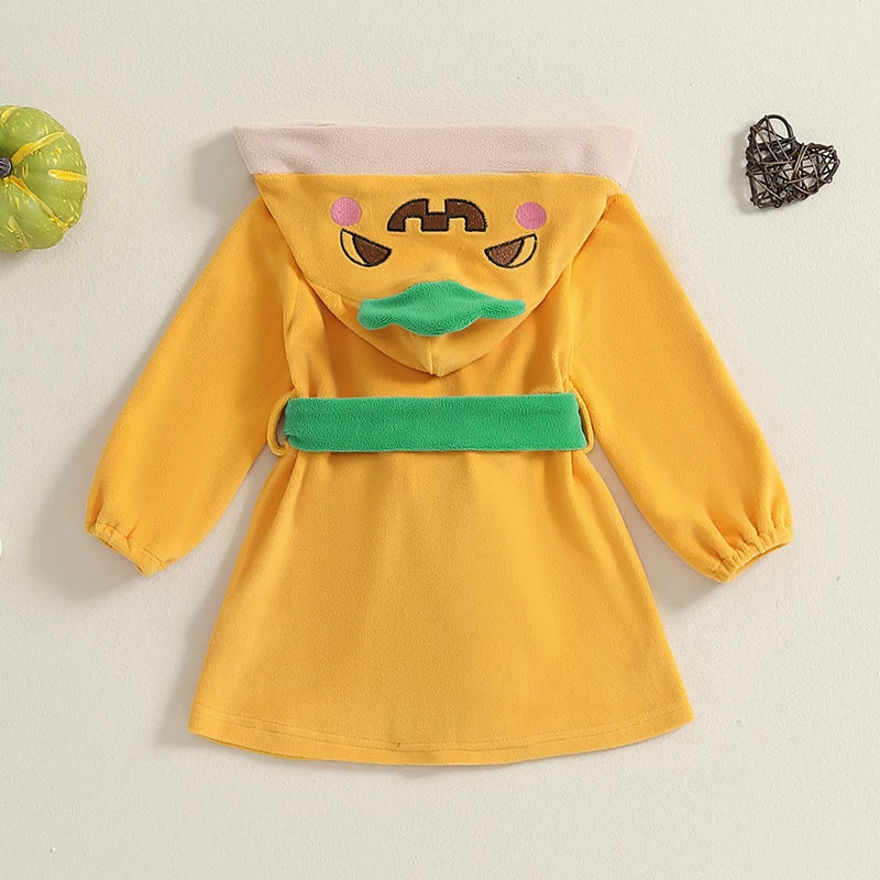 Suefunskry Kids Boy Girl Halloween Bathrobe with Belt Cartoon Pumpkin/Chick Print Plush Long Sleeve Hooded Robe for Fall Winter