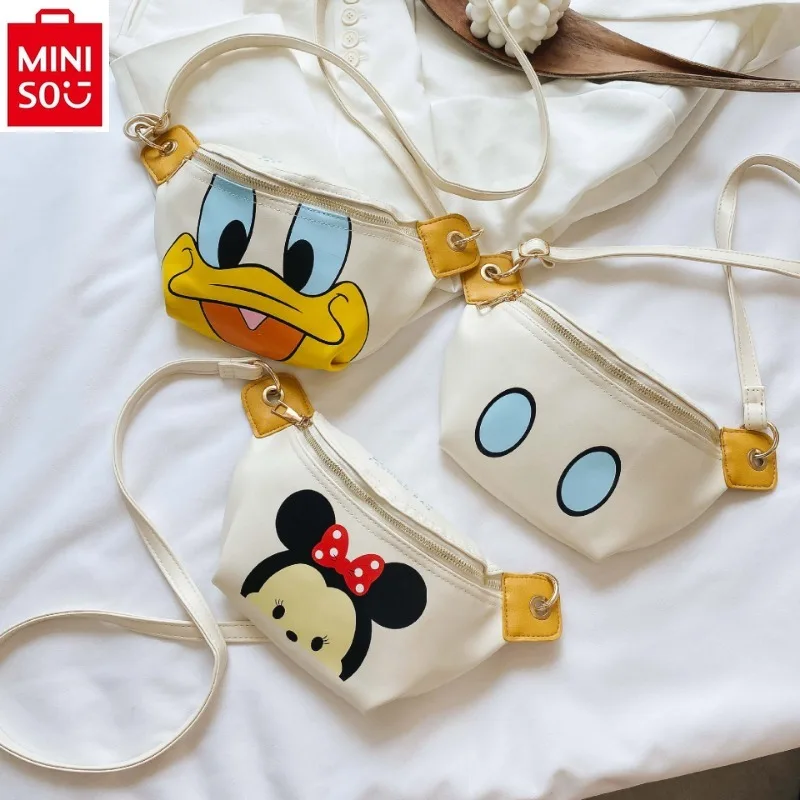 MINISO Disney High Quality PU Waist Bag Women's Fashion Mickey Donald Duck Sweet Print Large Capacity Storage Chest Bag