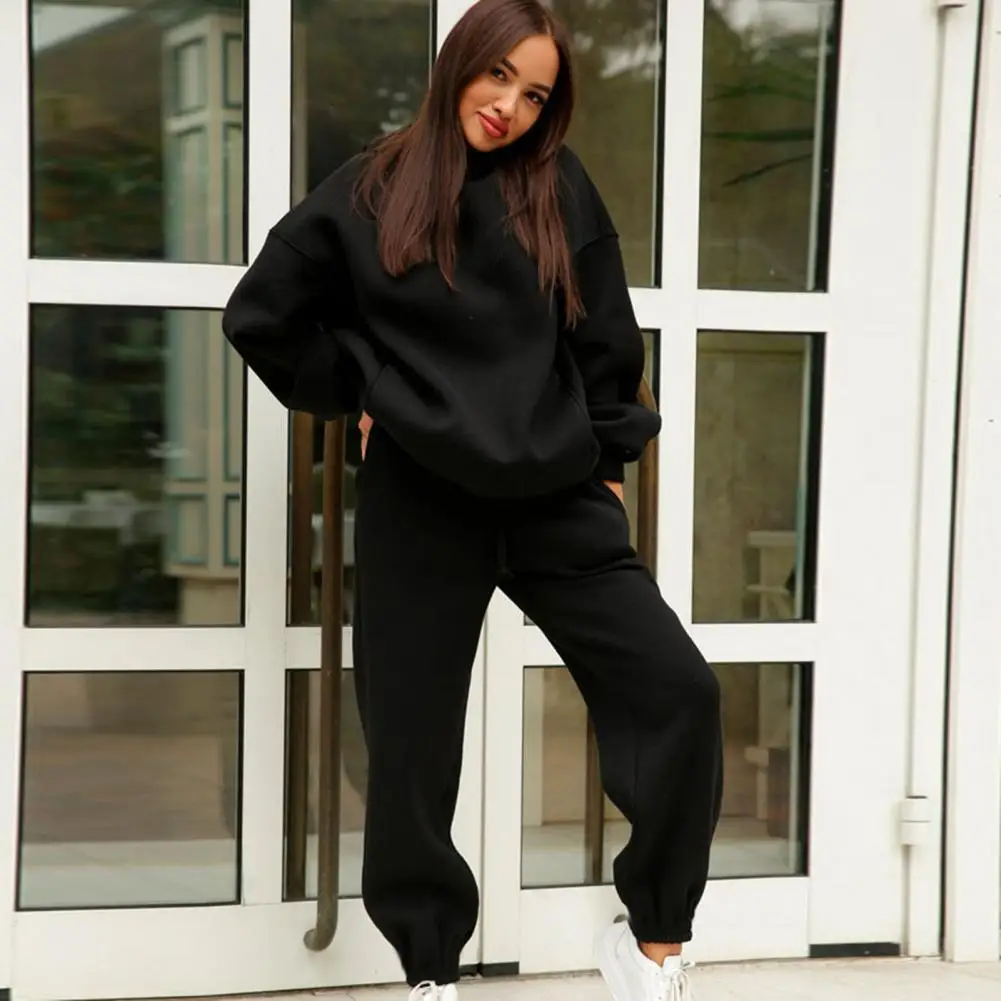 

Women Autumn Tracksuit Loose Elastic Waist Thick Hooded Keep Warm Pocket Elastic Cuff Deep Crotch Winter Hoodie Pants Set