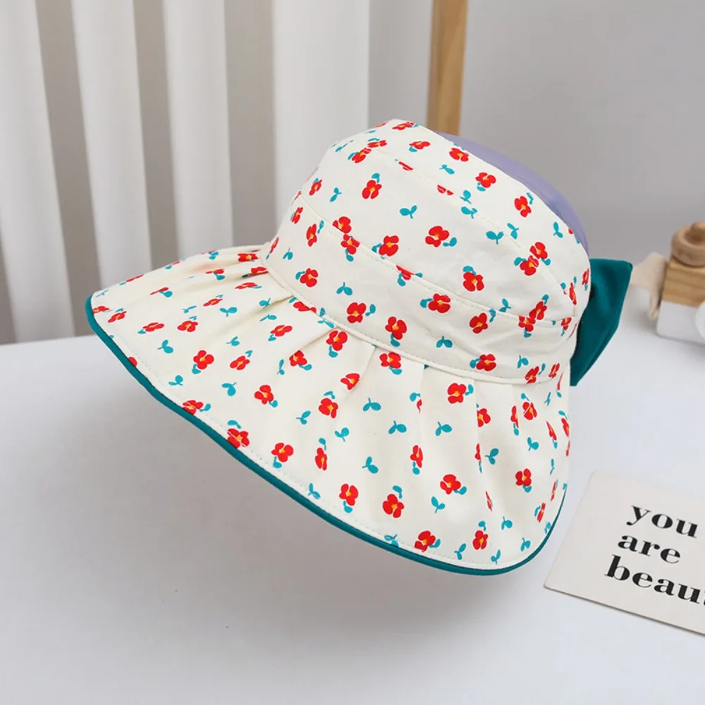 Comfortable Korean Style Flower Bucket Cap Wide Brim Bowknot Baby Shading Hat Breathable Anti-UV Empty Top Sunhat Girls
