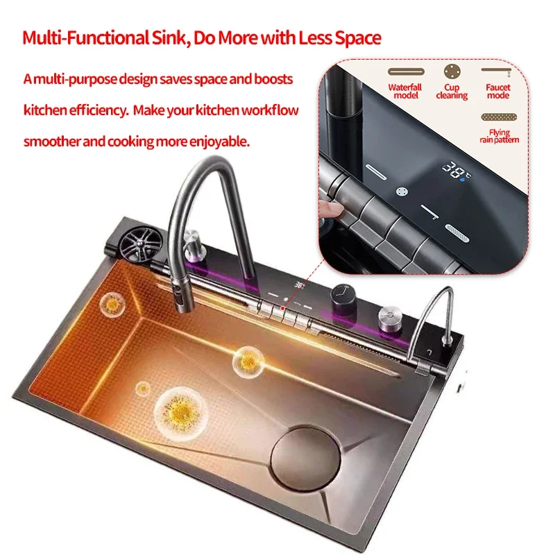 304 Stainless Steel Multi-functional Digital Display Large Sink for Kitchen Hotel Furniture Decoration 680mm/750mm/800mm X 450mm for kitchen accessories kitchen sink