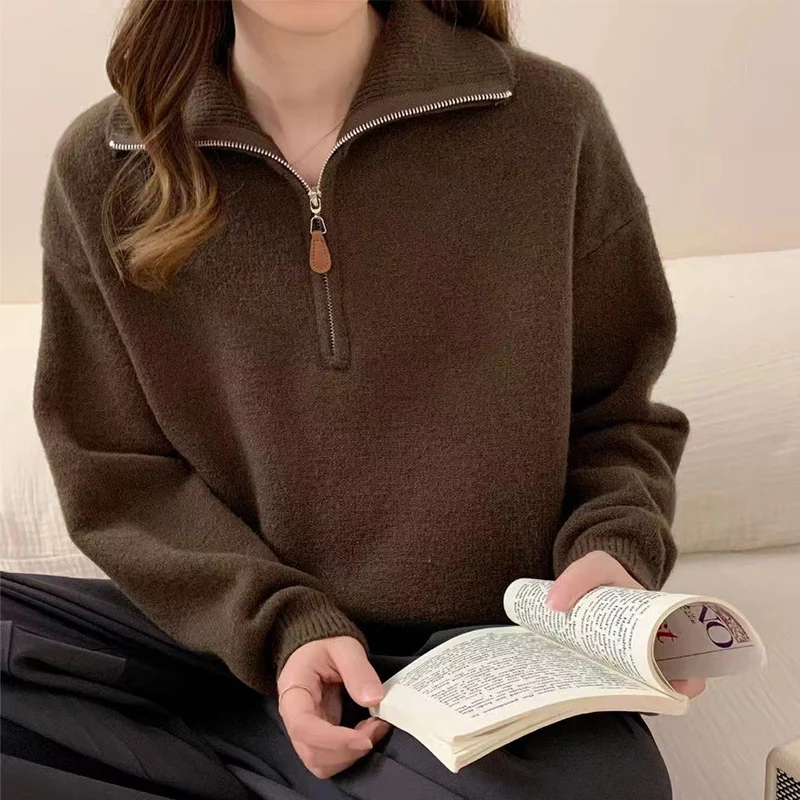 Korean Half Zip-Up Sweater Women Retro Loose Sporty Knitted Pullover ladies Autumn Winter thicken warm Long Sleeve knit Jumpers 6