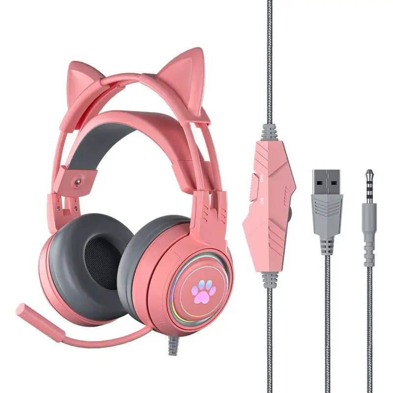 For PS-5 Headphone With Microphone HiFi Stereo Bass Cat Ears Headset Gamer Girls RGB Black Pink Helmet For PC Laptop Phone X-box