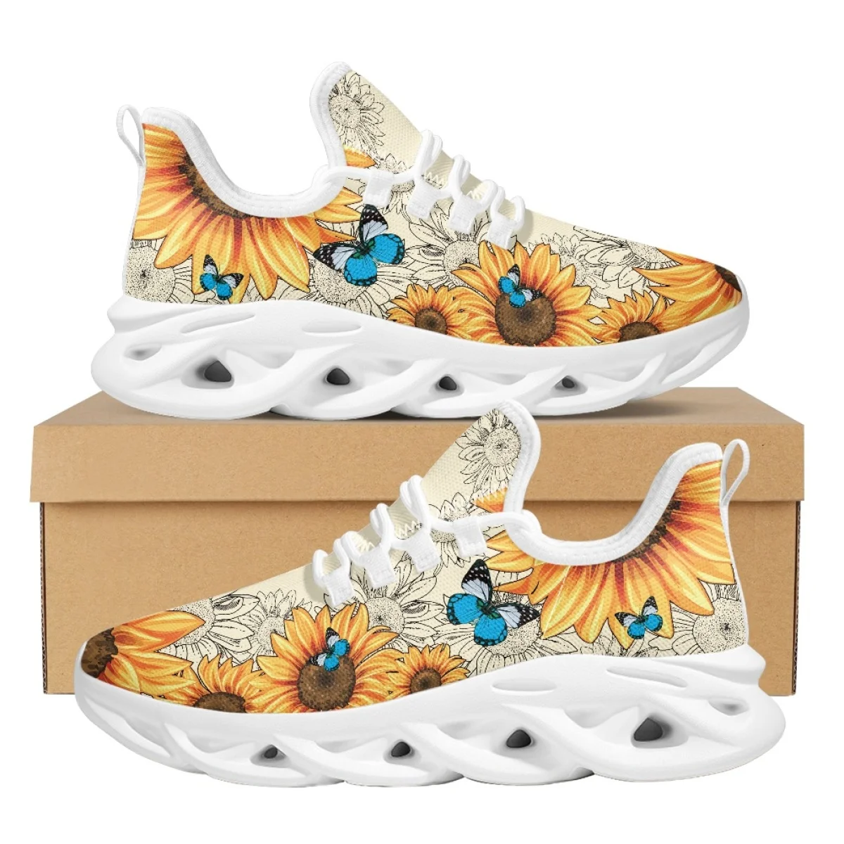 Pretty Butterfly Sunflower Print Ladies Flats Spring Autumn Outdoor Work Breathable Running Shoes Mesh Shock Absorbing Sneakers