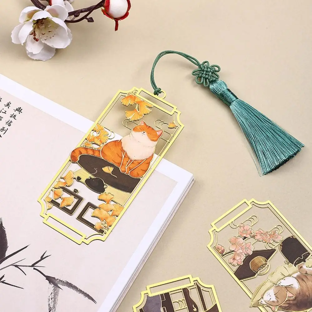 Cat Hollowed Cat Bookmark Flower Chinese Style Metal Reading Bookmark Fashion Tassels Chinese Style Bookmarks Reading Marker