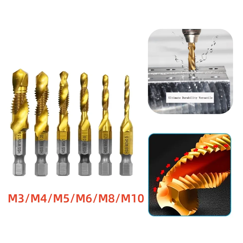 

6Pcs Tap Drill Bit Hex Shank Titanium Plated HSS Screw Thread Bit Screw Machine Compound Tap M3 M4 M5 M6 M8 M10 Hand Tools