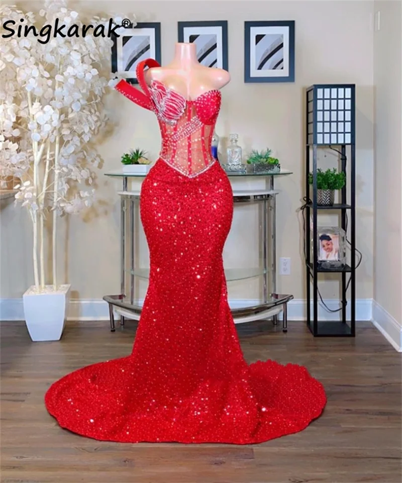 

Sexy Red Mermaid Long Prom Dresses 2023 Halter Crystal Illusion Homecoming Gowns Birthday Party Evening Gowns Robe De Bal