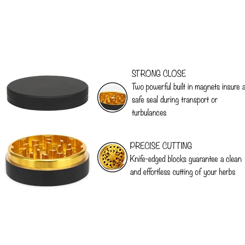 Aluminum Herb Grinder Black Rubber Paint Gold Color Inside-Large Capacity 2.48 Inch 4 Pieces