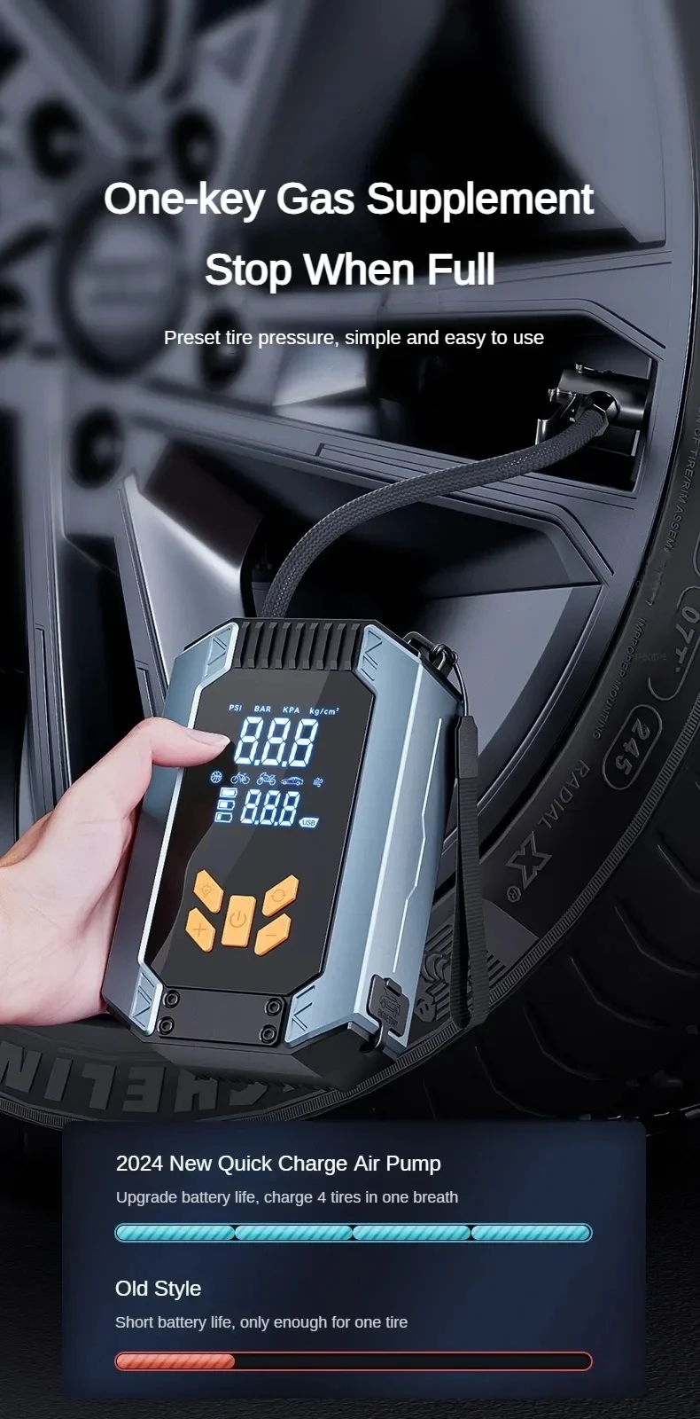 1000A 4-in-1 Auto-Starthilfe & Reifenfüller, Tragbarer Luftkompressor mit Powerbank, 12V Notfall-Booster für Fahrzeuge und LKWs – Detail 6