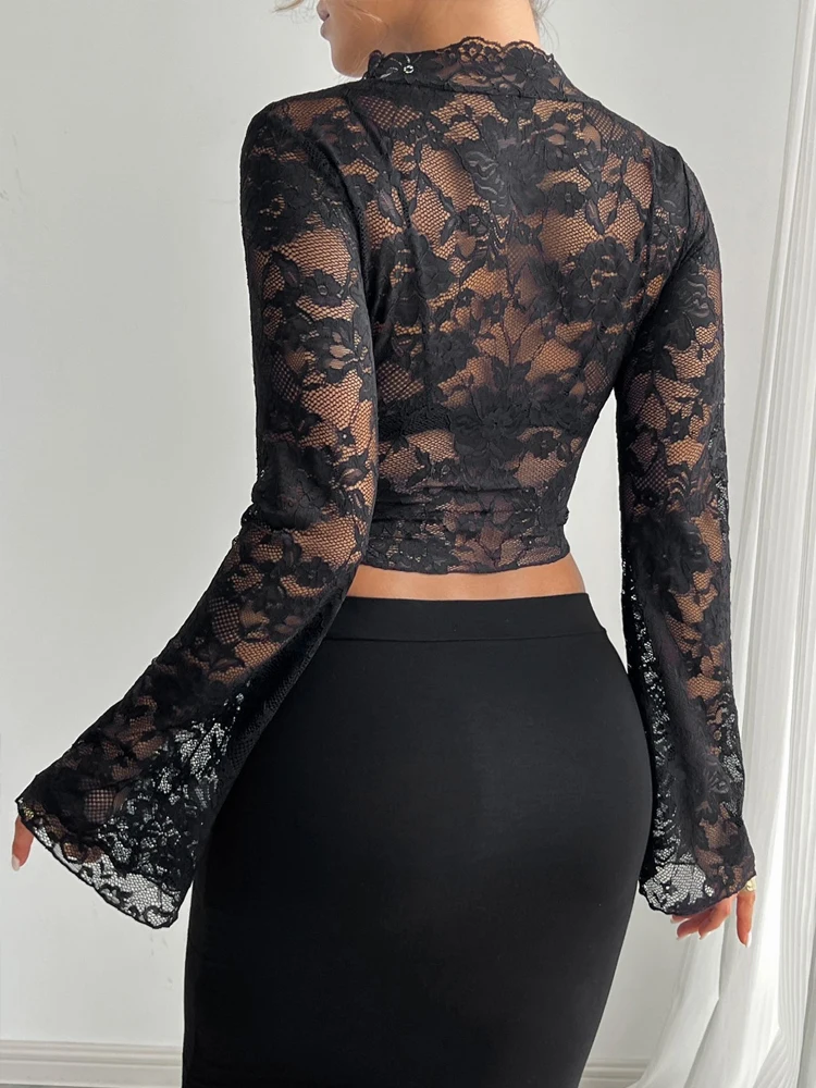 New Spring and Autumn Hollow Out Women's V-Neck Long Sleeve Shirt Fashion Elegant Women's Lace Embroidered Casual Slim Blouse