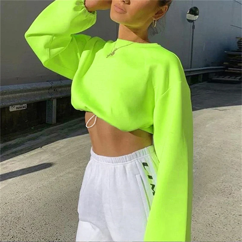 

Long Sleeve Hoodie Sweatshirt Women Casual Slim Pullover Neon Green Sweatshirt O-neck Solid Sweatershirt Harajuku Tops Hoodie