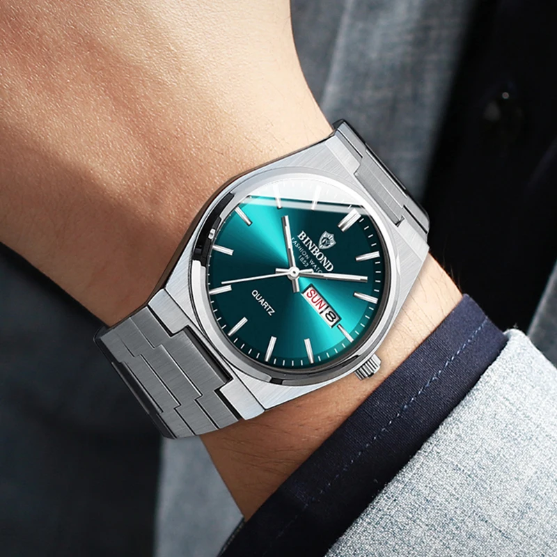 Montre BINBOND Homme Quartz Luxe - Cadran Bleu Et Doré - Forme Géométrique - Neuve