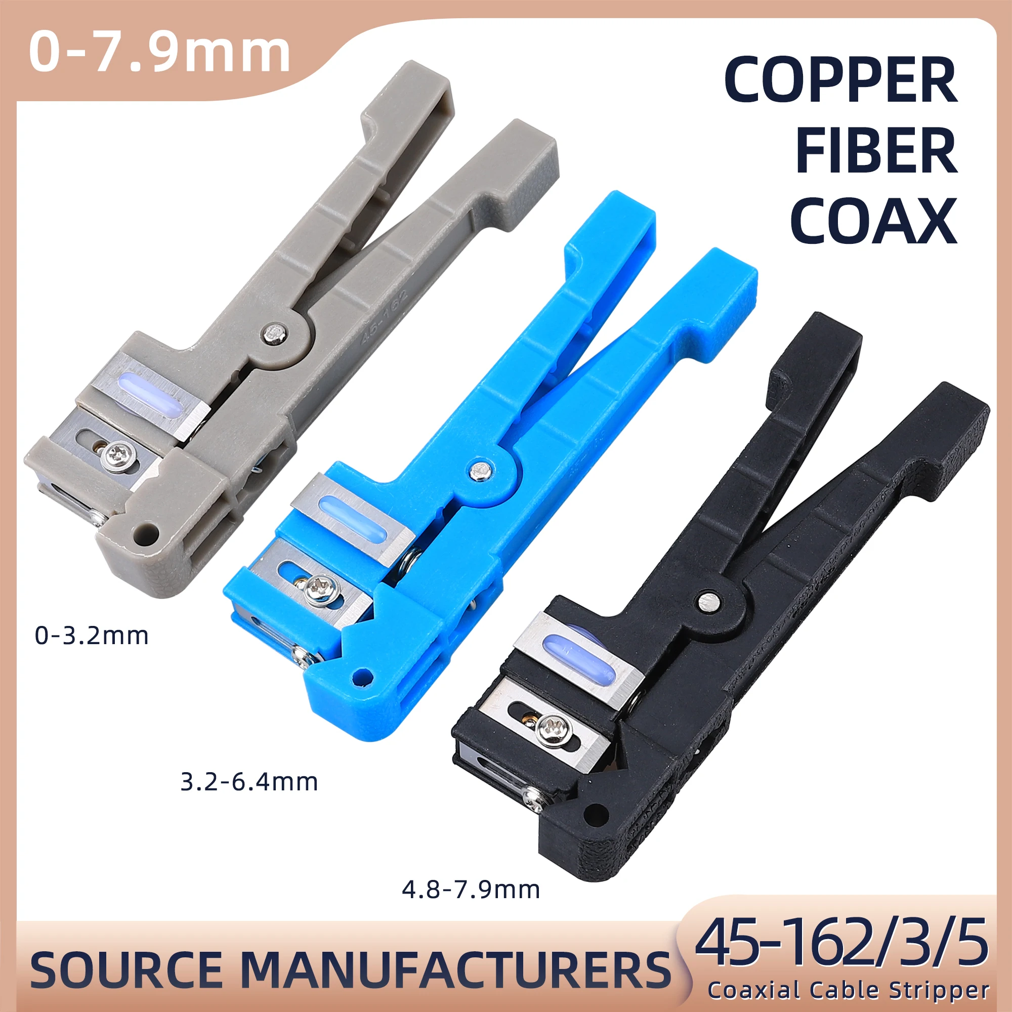 

45-162 Coaxial Cable Stripper 45-163 Fiber Optic Wire Stripper Transverse Beam Tube Open and Stripping Knife Loose Casing 45-165