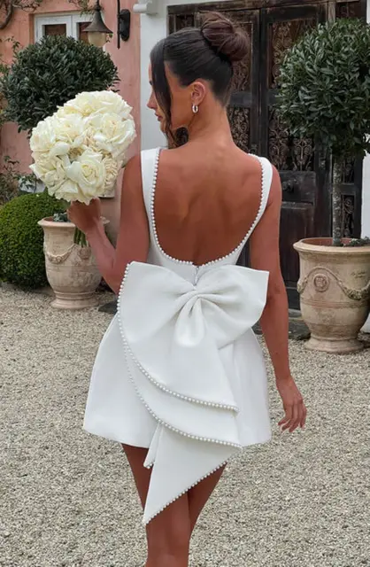 113291-733e6e.jpg Robe Courte Chic à Nœud Perlé pour Femme, Mini-Robe Décontractée Dos Nu, Blanc, Noir, Rose, pour Invitée de Mariage, Demoiselle d'honneur, Anniversaire, Été