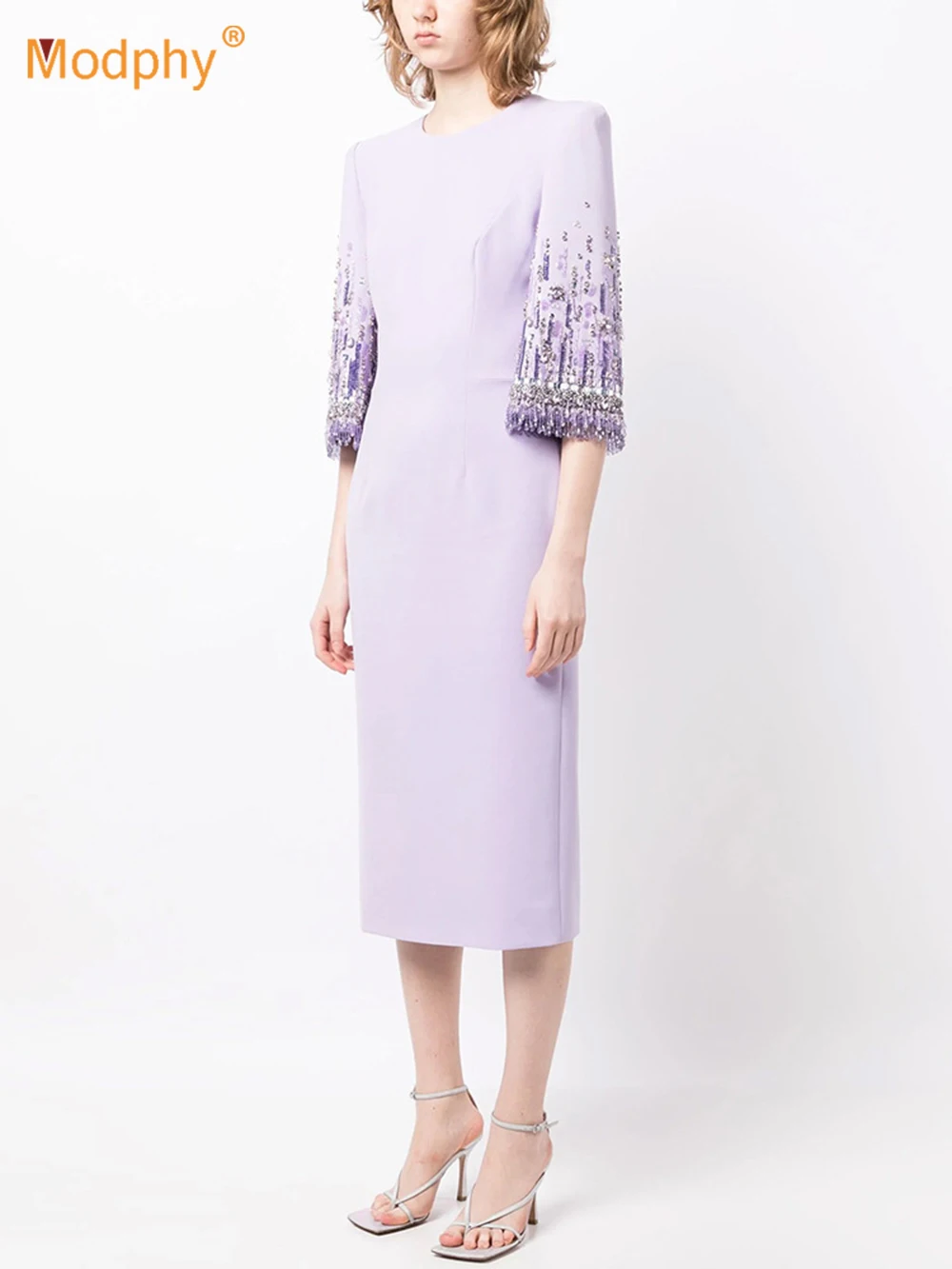 Modphy 2025 الوافدين الجدد ربيع الموضة الصناعة الثقيلة مطرز الماس سليم ميدي فستان المرأة نصف كم الإناث Vestidos