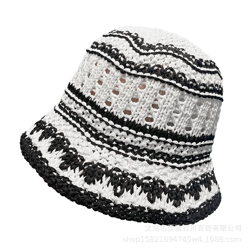 Summer Striped Solid Hollow out Bowl Hats for Women Casual Korean Foldable Sun Hat Bucket Hat Panama Travel Cap