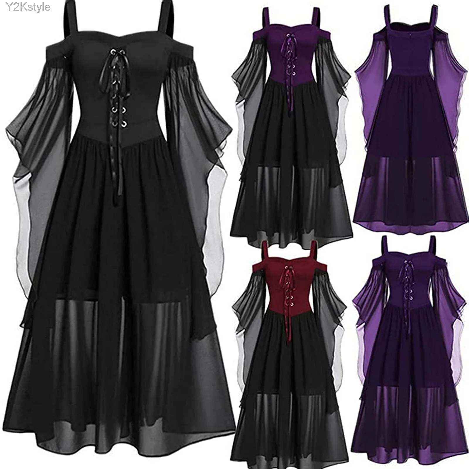 

Women's Halloween Witch Cosplay Costumes Gothic Off Shoulder Lace-up Bandage Mesh Sheer A-line Long Cami Dress Party Wear
