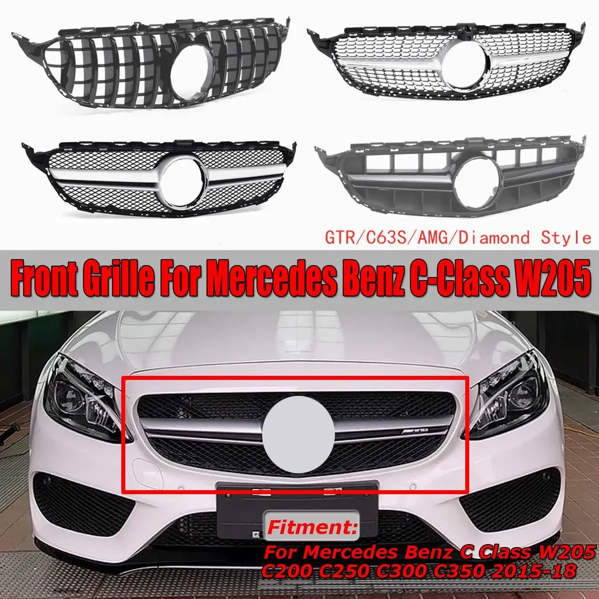 

Black/Silver Front Upper Grill Grille Front Bumper Racing Grill For Mercedes For Benz C Class W205 C200 C250 C300 C350 2015-2018