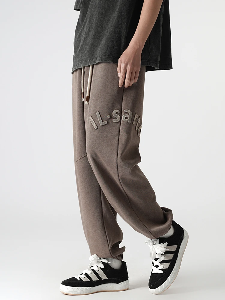 Men's Washed Jogger Pants 320G Knitted Cotton Retro High Street Heavyweight Baggy Sweatpants Ankle-Length Casual Letter Joggers