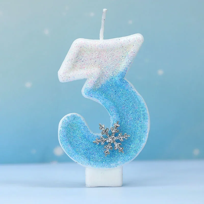 Bougie Anniversaire Chiffre 3 Hiver Paillettes Flocon Bleu