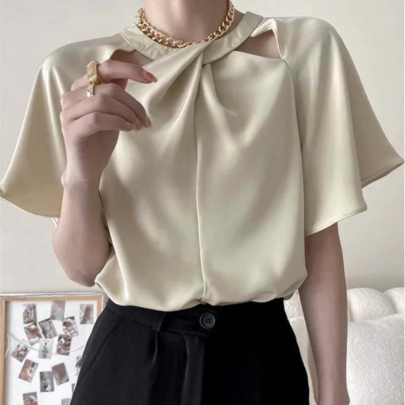 

Fashion Chic Irregular O-Bow Tie Hollow Design Women's Top Simple Pure Color Butterfly Sleeve T-shirt Summer Office Lady Elegant
