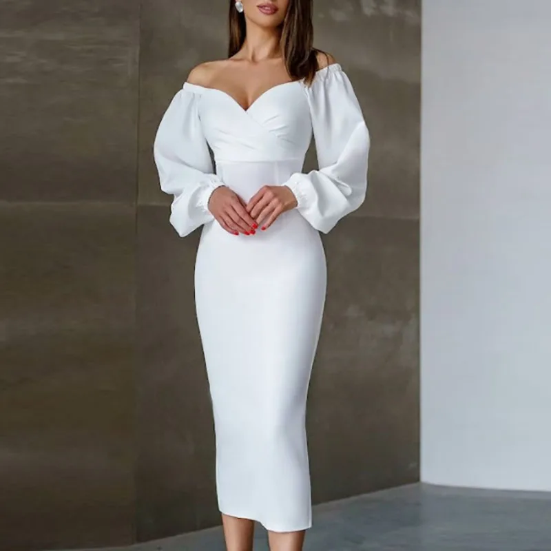 

Office Elegant V-neck Solid Long Dress Women Fashion Hight Waist Pleat Party Dress Casual Lantern Long Sleeve Bodcyon Maxi Dress