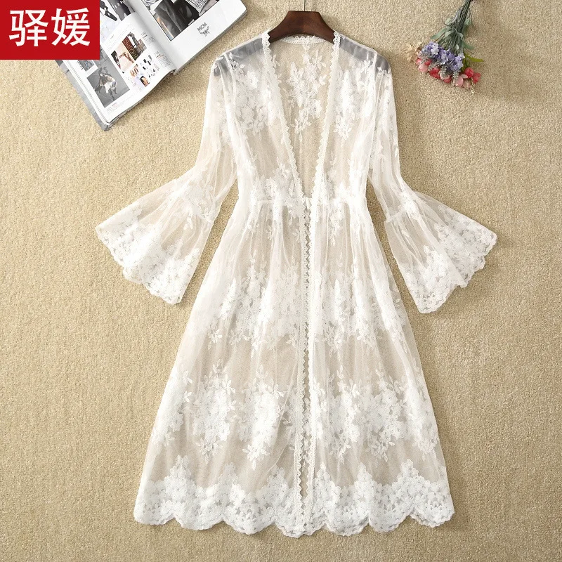 Long Cardigan Beach Cover Up 2023 Summer Blouses For Women Woman V Neck Shirt Top Lace Blusas Femininas Elegant Sunproof Outwear 4