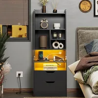 Charging Station Nightstand with LED Lights, Bookshelf, Drawers & Power Outlet for Bedside Storage 6