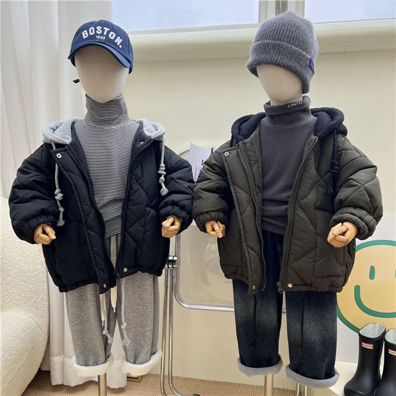 Children Cotton Padded Coats Winter Solid Plaid Warm Boys Girls Hooded Parka 1-8Years Kids Loose Casual Quilted Jackets down jacket,children jackets