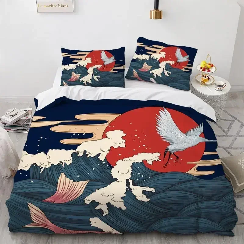 Homewish Housse de Couette 240x260 Japonaise en Coton, Ensemble de Literie Grues du Soleil Rouge Ukiyo-E, Parure de Lit Thème Ukiyoe Vague de L'Océan, Couvre Lit Hippie Japan Hokusai
