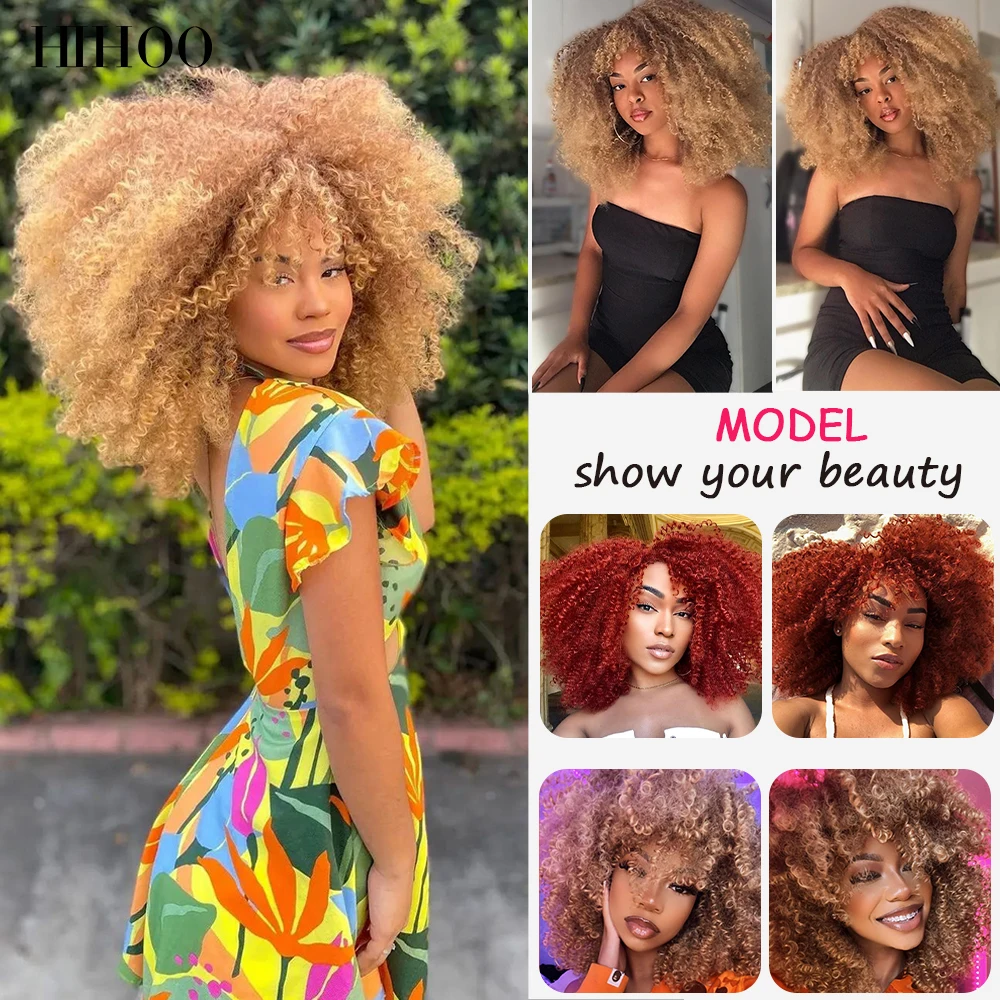 Krótkie włosy peruki blond Afro peruka z kręconych włosów typu Kinky z grzywką dla czarnych kobiet Cosplay Lolita syntetyczny naturalny Glueless brązowy mieszany