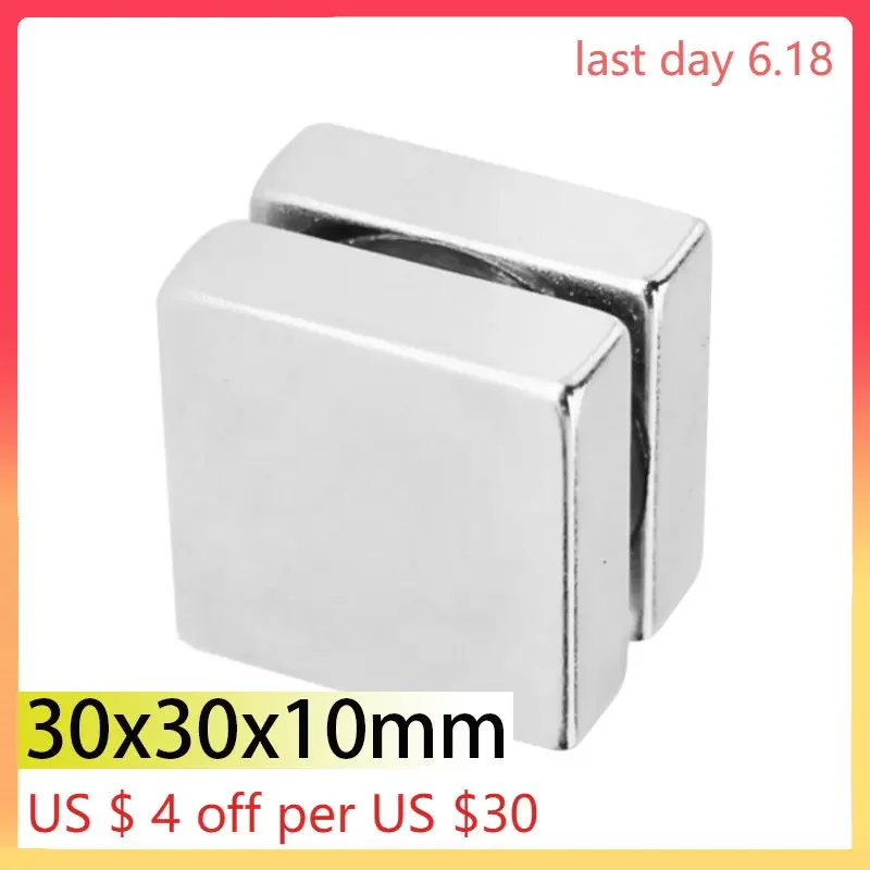 30x30x10mm Rectangle Square Neodymium Bar Block Strong Magnets Rare Earth Magnets Search Magnetic Bar for Toy Glass Ndfeb
