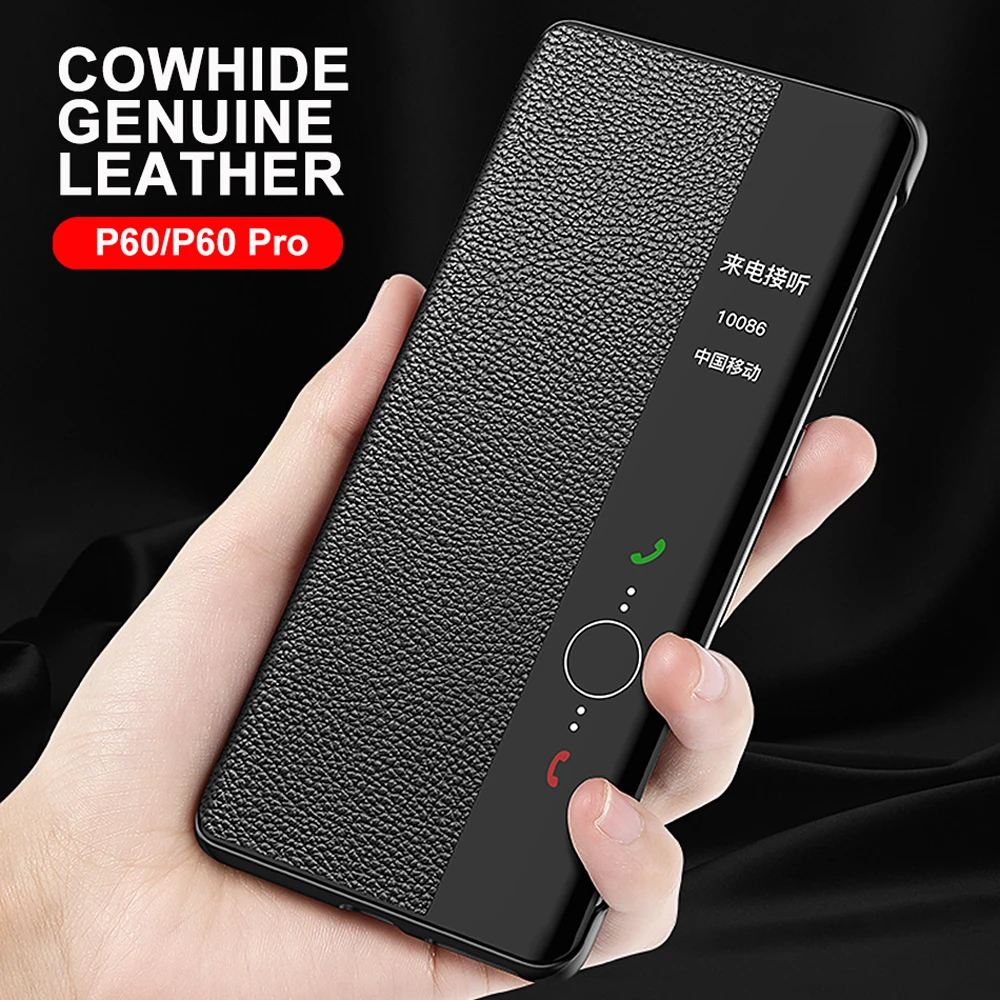 

Флип-чехол из натуральной кожи для Huawei P60 Pro, зеркальный умный ударопрочный Оригинальный чехол с сенсорным экраном для P60 Coque Capa