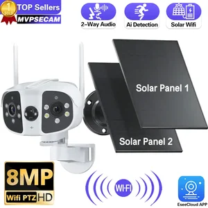 4K 180° Wide Angle Dual Lens Dual Solar Panels Camera 8MP WIFI Wireless Security Outdoor Built-in Battery Video Surveillance Cam