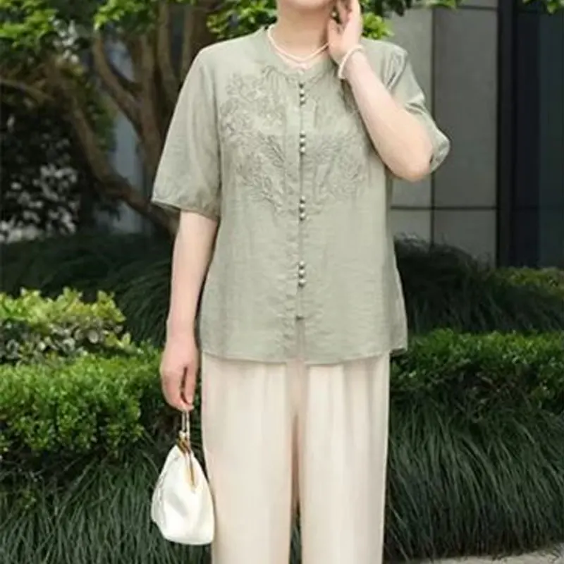 Casual Solid Color Blouse Fashion Embroidery 2024 Summer Single-breasted Female Clothing Round Neck All-match Short Sleeve Shirt