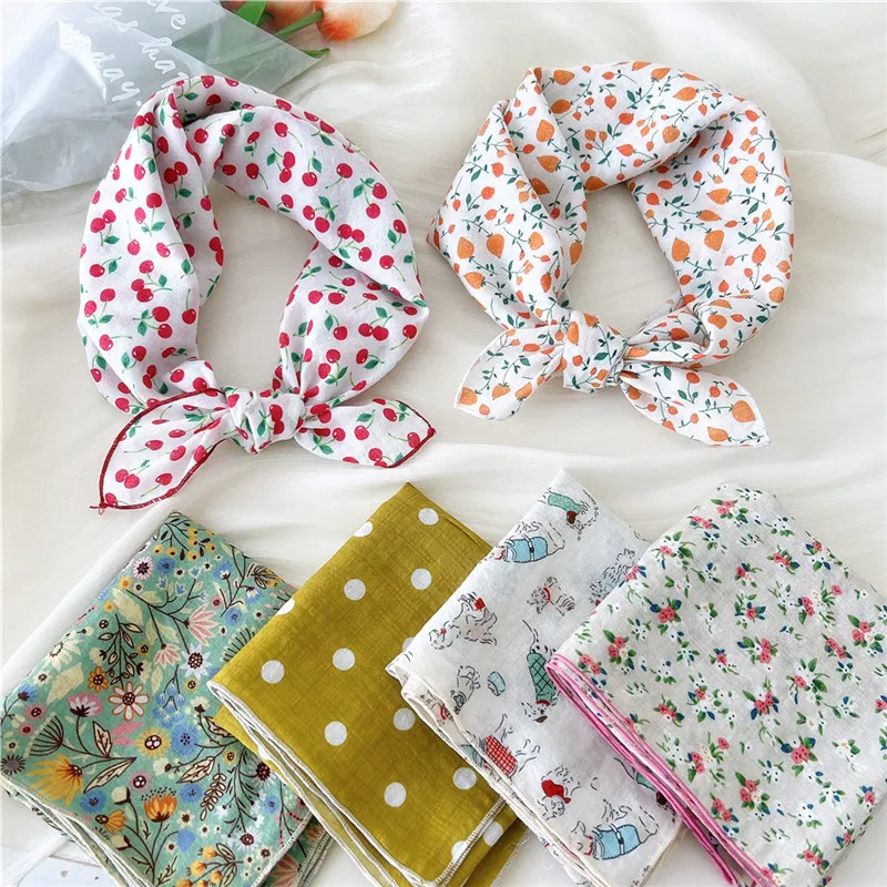 Floral Print Kerchief Square Scarves Bandanas Scarf for Women Neckerchief Cotton Linen Headband Headscarf Hair Band Turban 55cm 3