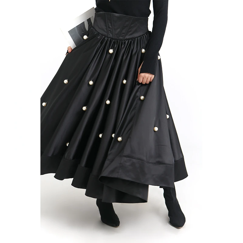 

2023 New Autumn Fashion Satin High Waist Umbrella Skirt Beads Pearl Mid-long A-line Skirt Vintage Elegant Black Mid-calf Skirts