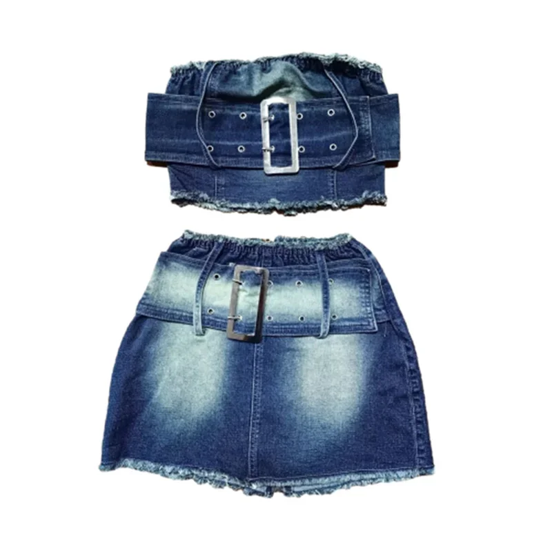 Fashion Sexy Adjustable Wrap Bust Tops Women New Denim 2 Piece Sets Back Ultra Short Skirt Zipper Female Suits Casual Streetwear