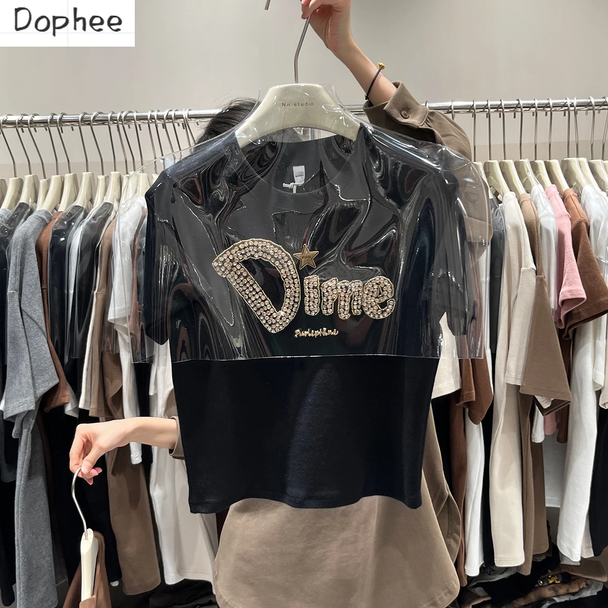 

Thicken Sanding Short Sleeve Women Basic Shirt New Autumn Winter High Waist Spice Girls Crop Top Letters Diamonds Slim T-shirts