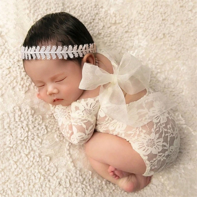 

1 Set Baby Photography Clothing Lace Romper Bodysuit & Headwear Shower Gift Photos Props for 0-1 Month Newborns