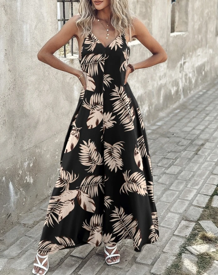 Women Long Jumpsuits 2024 Spring Summer Casual Simple V-Neck Tropical Palm Leaf Print Ruched Daily Vacation Wide Leg Jumpsuit