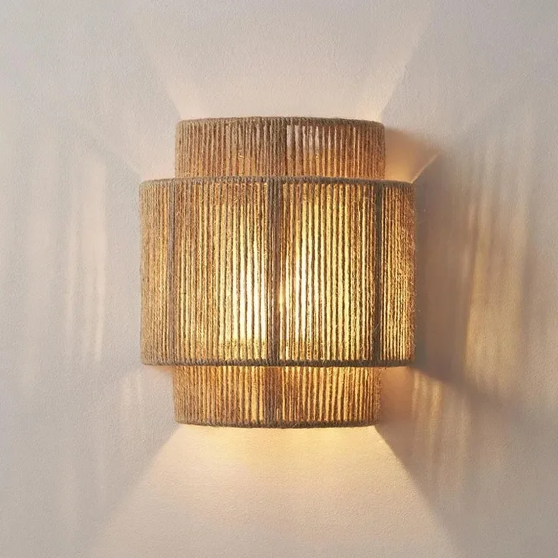 Led Vintage Bamboo Sconce Lamp Hemp Rope Bedroom Bedside Lights Dining Room Living Room Aisle Japanese Rattan Wall Lamp