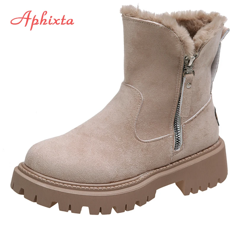 

APHIXTA Winter Plush Warm Snow Boots Women Platform Non-slip Soles Fringe Zip Furry Shoes Chunky Sole Waterproof Ankle Boots