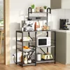 JAMFLY Bakers Rack with Power Outlet, Microwave Stand, kitchen Storage Shelf with 6 Hooks, Coffee Bar Station with Wire Basket, 3
