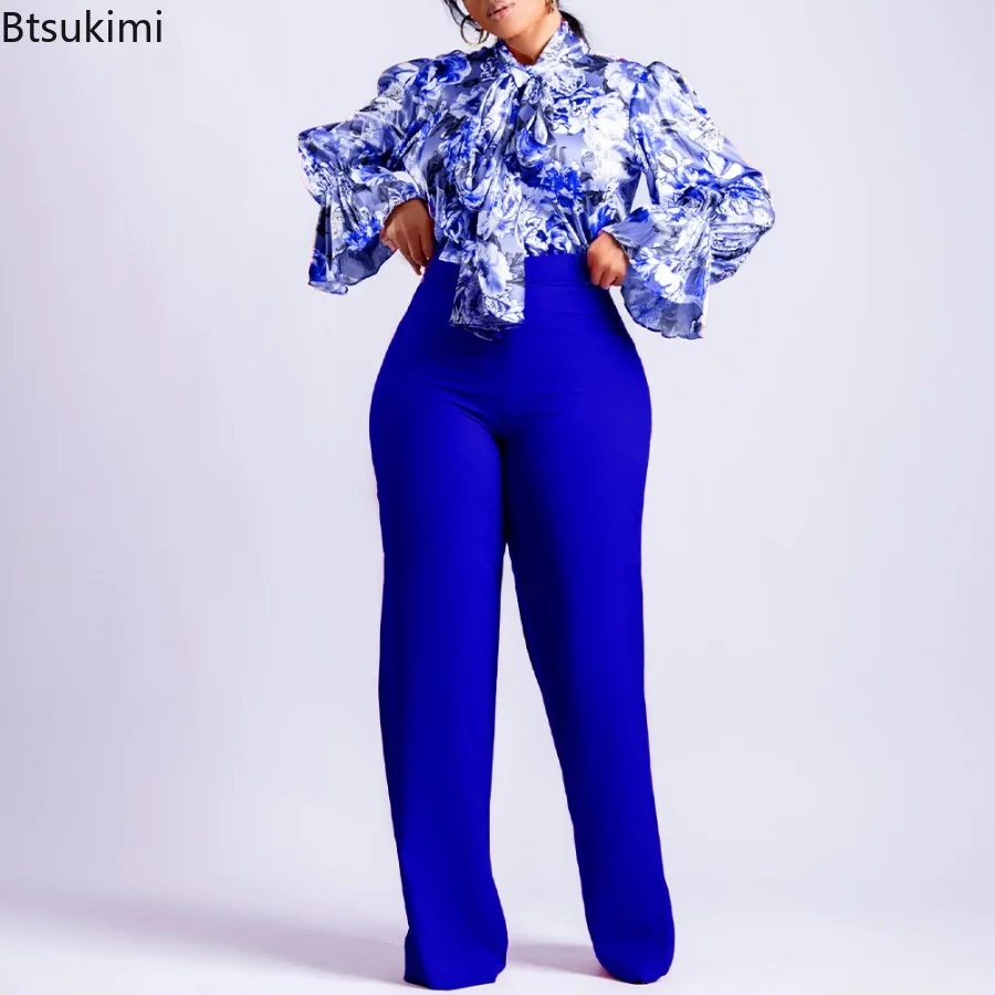 2024 Women's Elegant Floral Print 2PCS Casual Pant Sets Lantern Sleeve High Waisted Business Office Ladies Work Wear Overalls