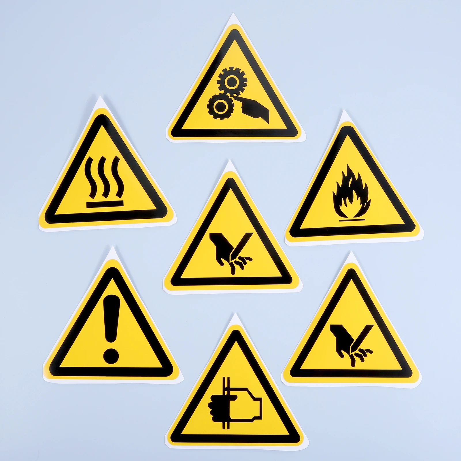 Triangle Warning Sign Sticker Label Tag 25/50/100mm 5/10pcs Water&Oil-Proof Cogs Electricity Beware of Hurting Flame Stay Safe