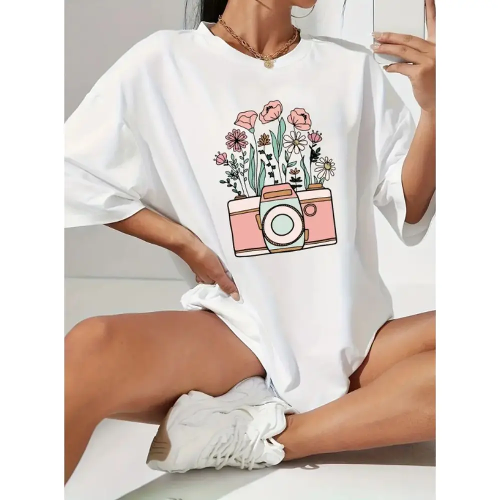 

Oversized Flower Print T-Shirt Casual Drop Shoulder Crew Neck Short Sleeve T-Shirt Summer Fashion Women's Clothing