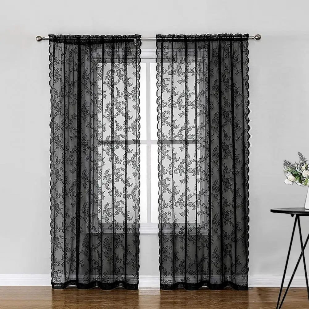 Window Drape  Attractive Dustproof Long Lasting  Floral Patterned Black Lace Sheer Curtain Home Supplies